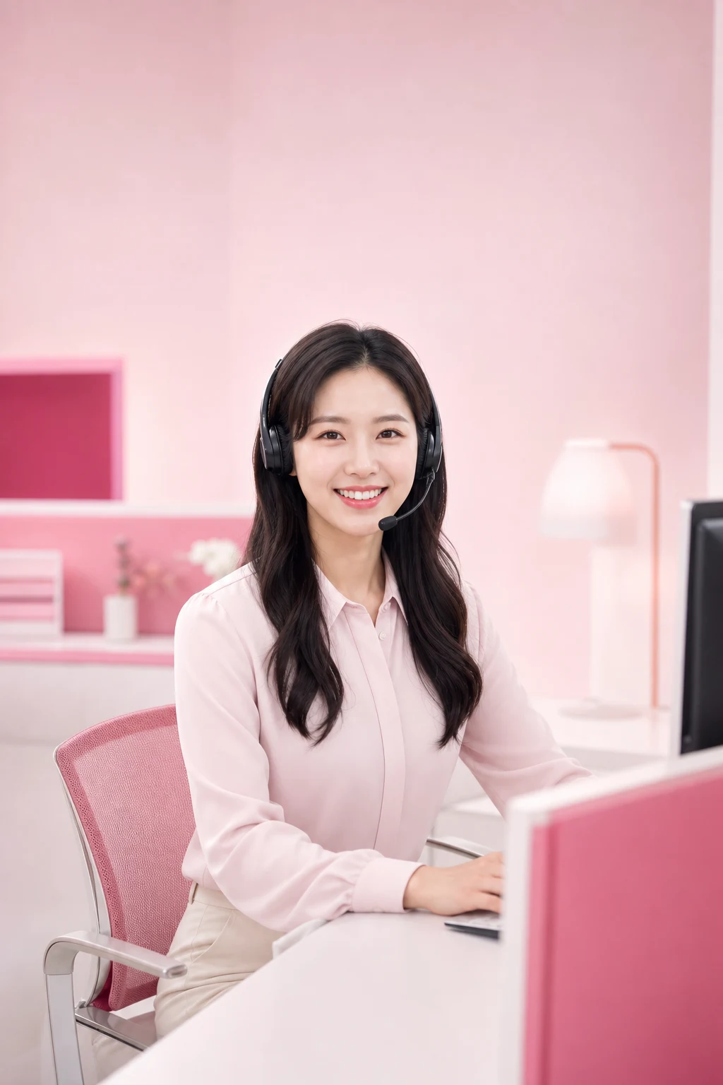카드할부대출 이용료 다음머니 24시간 전화 문자 상담을 안내하는 헤드셋 여성 상담원 인물